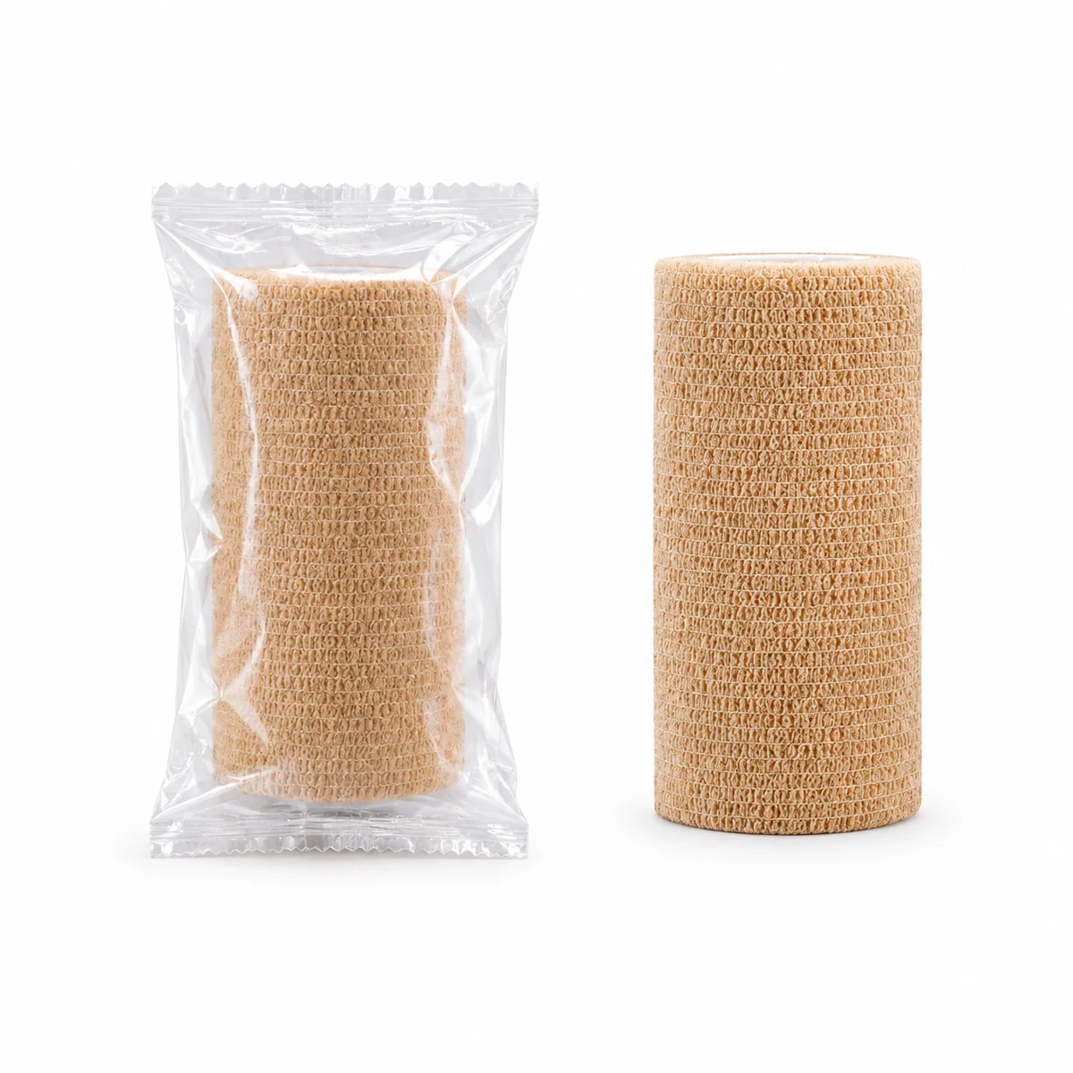 A tan self-adhesive cohesive bandage roll beside an individually wrapped roll, on a white background
