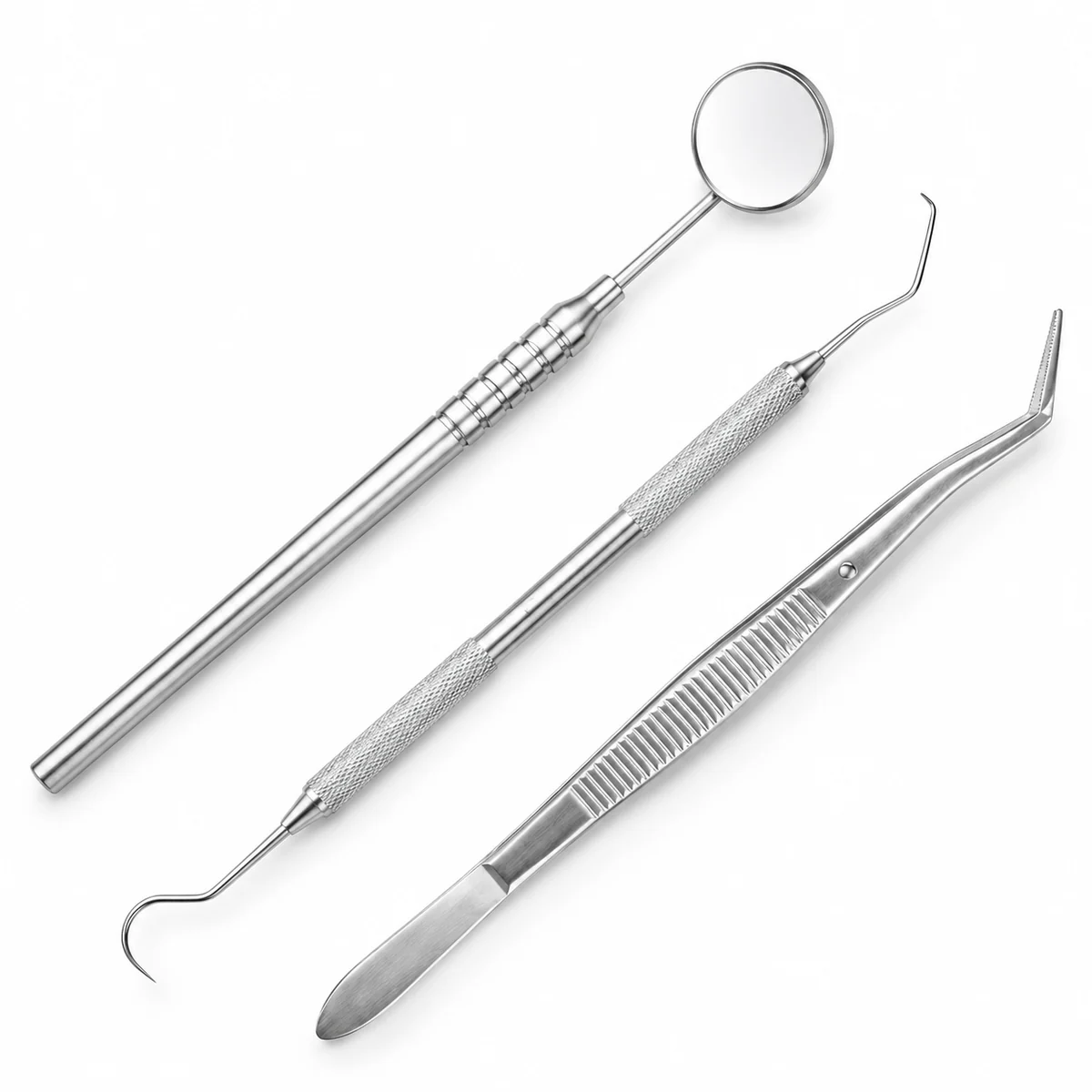 Stainless steel dental mouth mirror shown with a dental explorer probe and tweezers, on a white background