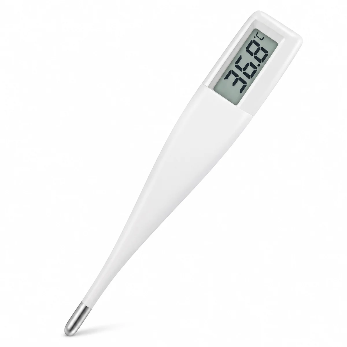 White digital electronic thermometer with a display window and a metal tip, on a white background