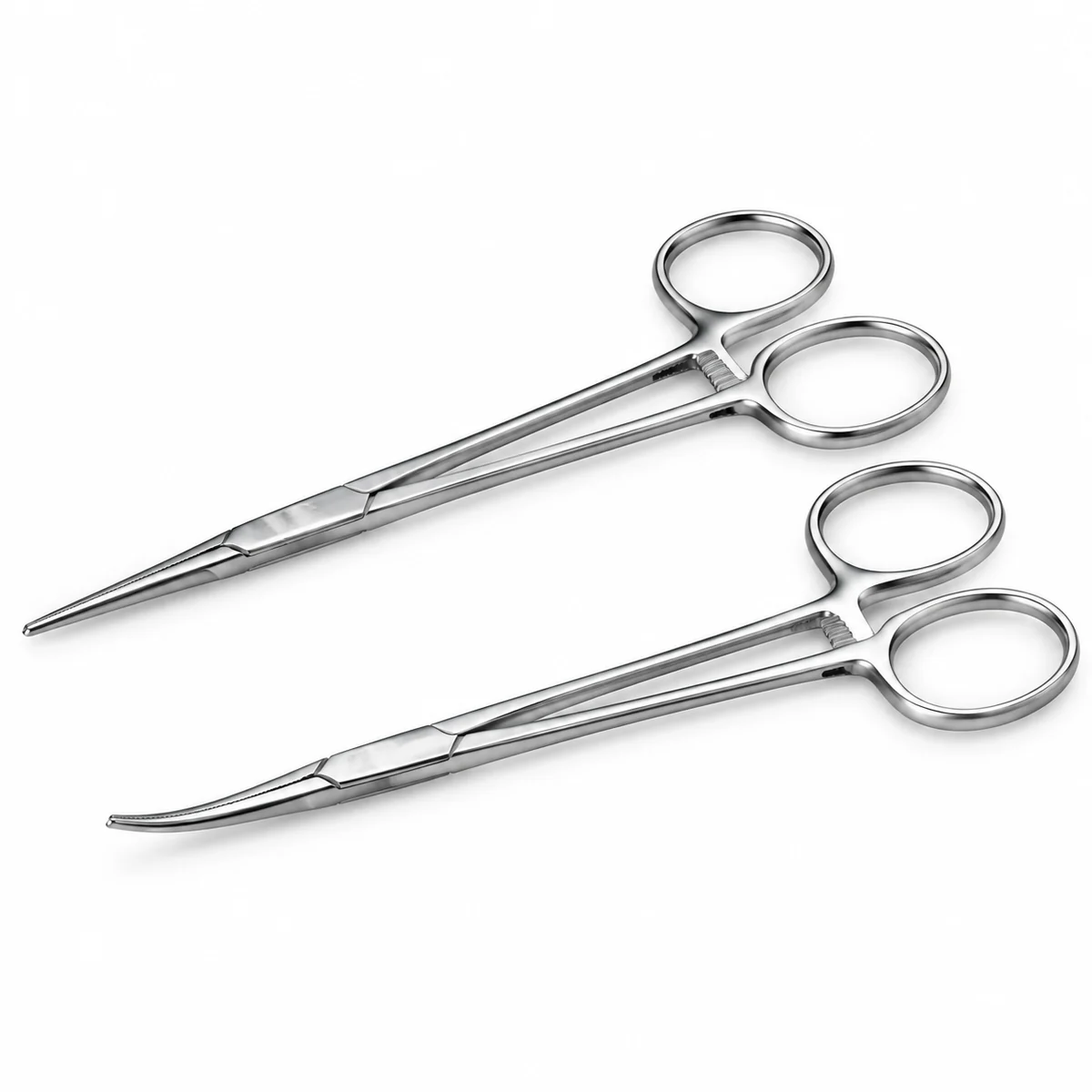 Two stainless steel hemostatic forceps with ring handles, on a white background
