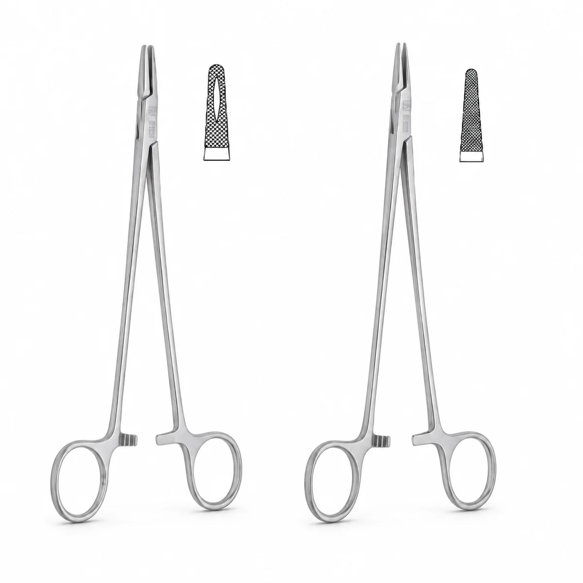 Two stainless steel needle holders with ring handles, on a white background