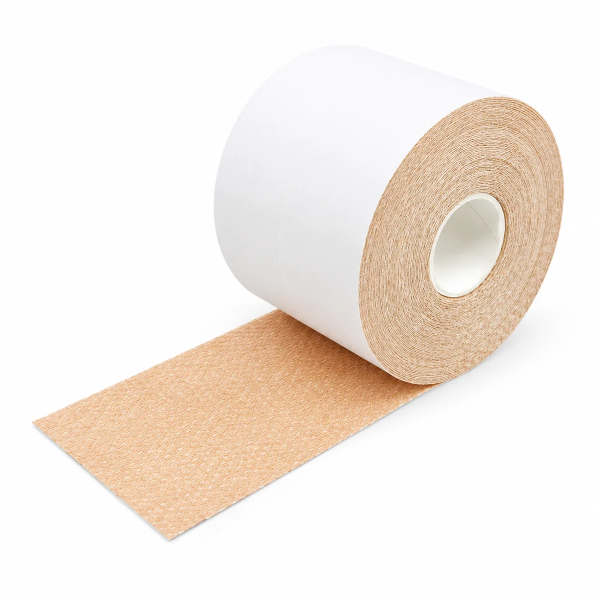 Roll of skin-tone non-woven adhesive tape with a strip unrolled, on a white background