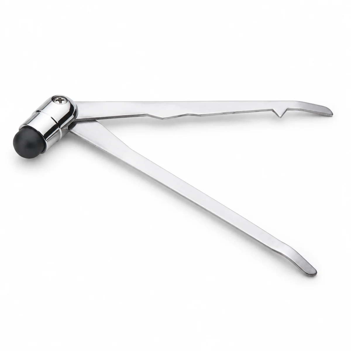 Stainless steel reflex percussion hammer with a black rubber head, on a white background