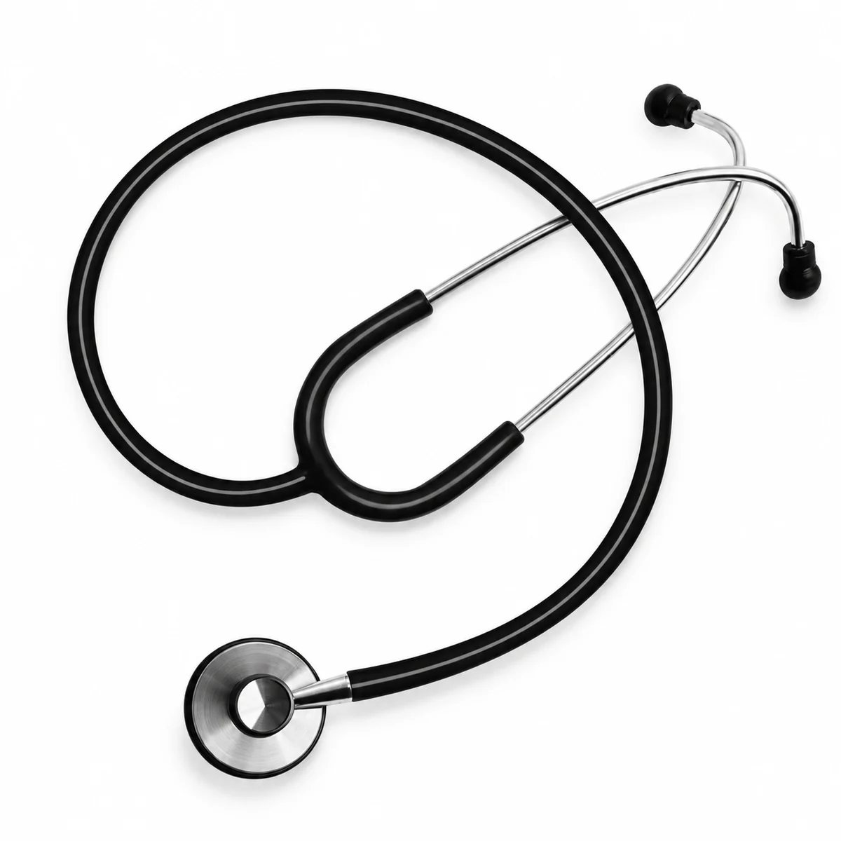 Single-head manual stethoscope with black tubing and a silver chest piece, on a white background