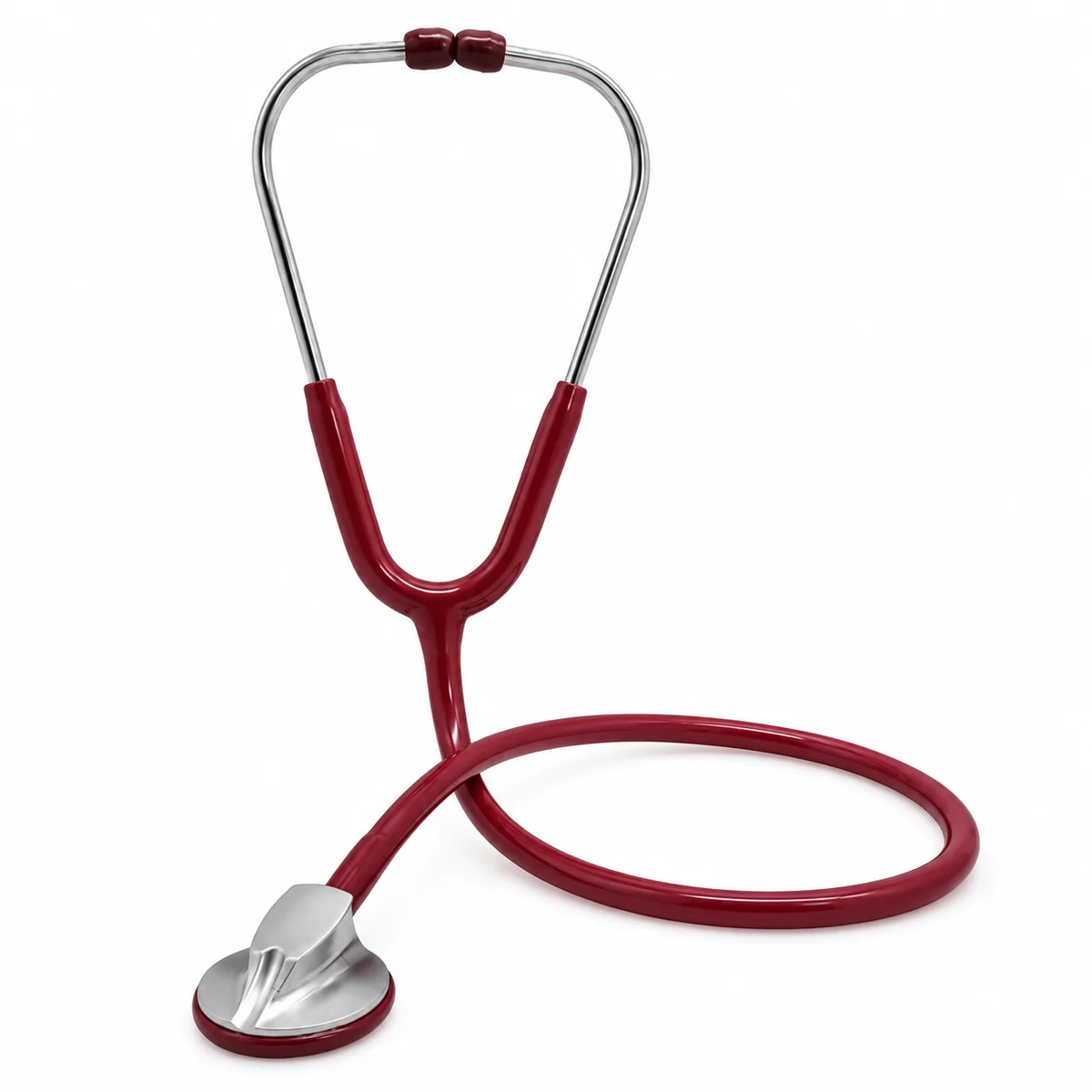 Single-head manual stethoscope with burgundy tubing and a silver chest piece, on a white background