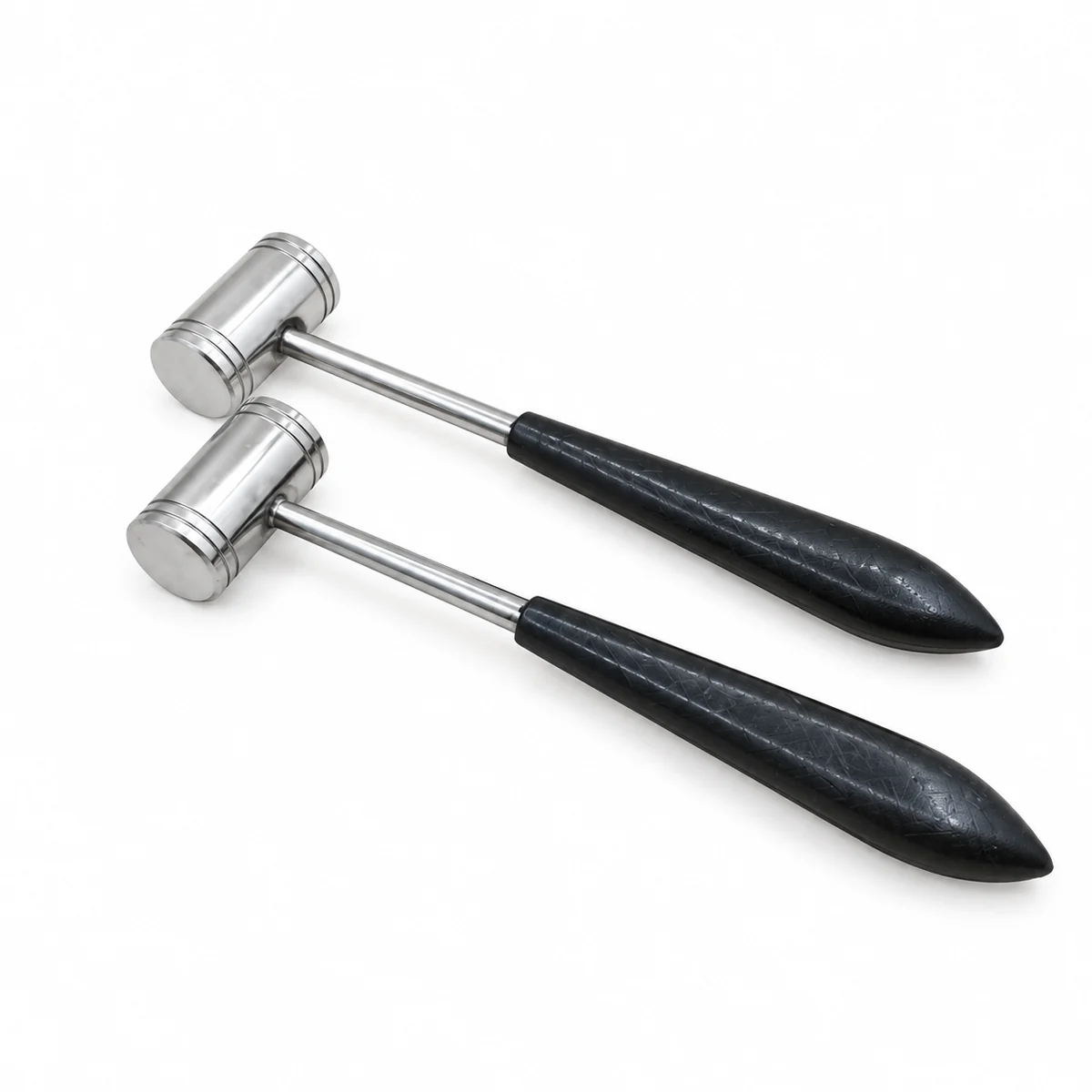 Two mallets with stainless steel heads and black handles, on a white background